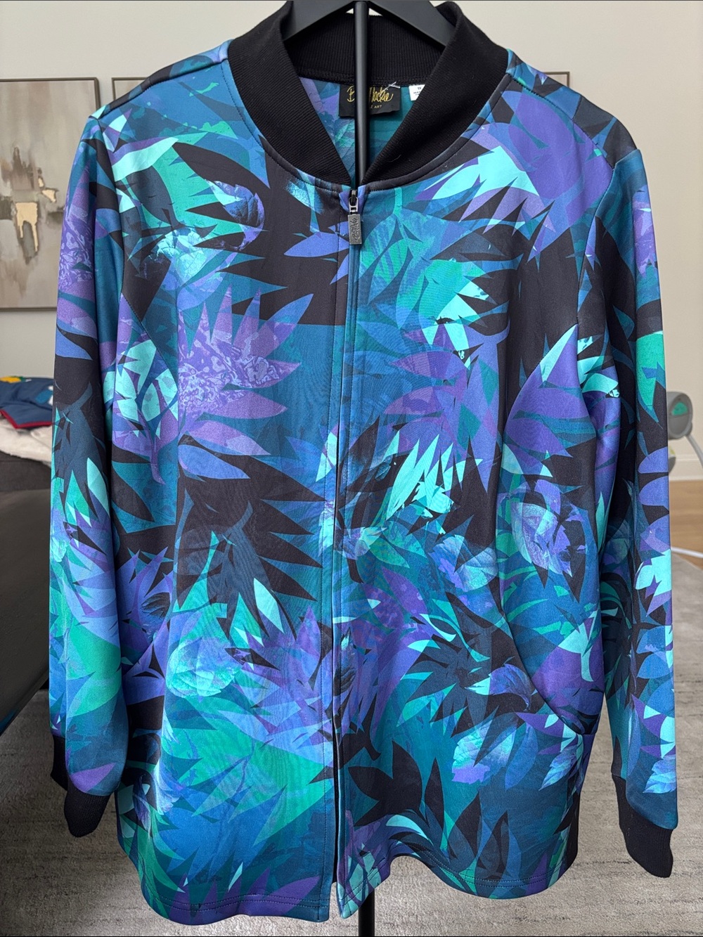 Like New Bob Mackie Blue & Purple Tropical Leaf Bomber Jacket